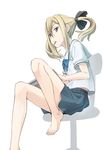  barefoot blonde_hair brown_eyes feet feet_on_chair food highres koujiro_frau mouth_hold pocky robotics;notes school_uniform serafuku simple_background sitting skirt solo tenkuu_nozora twintails white_background 