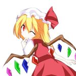 ;q acchii_(akina) blonde_hair finger_to_mouth flandre_scarlet from_behind hat hat_ribbon looking_at_viewer looking_back one_eye_closed open_hand outstretched_arm red_eyes ribbon short_hair short_sleeves side_ponytail skirt solo tongue tongue_out touhou transparent_background vest wings 