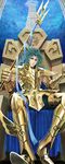  armor blue_eyes blue_hair cape gemini_kanon highres lanuarius long_hair male_focus polearm saint_seiya solo throne trident weapon 