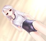  cathayan fate/stay_night fate_(series) illyasviel_von_einzbern long_hair one-piece_swimsuit red_eyes school_swimsuit shiny shiny_clothes shirt_lift skindentation solo swimsuit swimsuit_under_clothes white_hair 