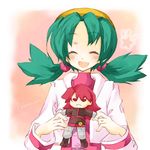  amamiya_kabosu bad_id bad_pixiv_id blush character_doll closed_eyes crystal_(pokemon) doll green_hair holding open_mouth pink_background pokemon pokemon_(game) pokemon_gsc silver_(pokemon) smile star twintails 