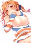  blush breast_squeeze breasts brown_hair commentary_request hato_haru highres idolmaster idolmaster_cinderella_girls large_breasts nipples orange_hair shirt solo striped striped_shirt tears totoki_airi twintails 