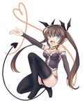  :d bare_shoulders black_legwear blue_eyes breasts brown_hair demon_girl demon_tail fang heart heart_of_string long_hair medium_breasts open_mouth original outstretched_arm pointy_ears saisou_(2ndere) simple_background smile solo succubus tail thighhighs twintails white_background 