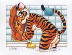 absurd_res anthro bath bathing breasts butt feline female hair hi_res looking_at_viewer mammal michele_light nude pinup pose red_hair rubber_duck side_boob smile solo stripes tiger traditional_media washcloth water yellow_eyes 