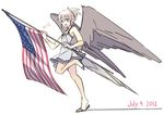  2012 american_flag bird_tail bird_wings blonde_hair brown_eyes cindy_o'brien dated flag fourth_of_july full_body holding leg_up open_mouth original sandals seo_tatsuya short_hair simple_background skirt smile solo standing standing_on_one_leg white_background white_skirt wings 