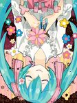  aqua_hair ayame_(3103942) bad_id bad_pixiv_id closed_eyes flower frills hair_ribbon hands_clasped hatsune_miku head_tilt long_hair melt_(vocaloid) own_hands_together ribbon smile solo twintails upside-down vocaloid 