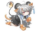  ahoge all_fours animal_ears basket blush capelet fang gem grey_hair hair_ornament hairclip hat jewelry jitome kemonomimi_mode kikurage_(sugi222) looking_at_viewer mouse mouse_ears mouse_tail mystia_lorelei mystia_lorelei_(bird) nazrin necklace open_mouth paws pendant red_eyes shirt short_hair skirt skirt_set solo sweatdrop tail tiger_ears tiger_paws tiger_tail touhou 