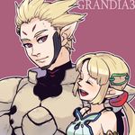  1girl alfina_(grandia) armor blonde_hair brother_and_sister closed_eyes copyright_name dramatica elf emellious_(grandia) grandia grandia_iii height_difference long_hair pointy_ears ponytail purple_background red_eyes siblings smile 