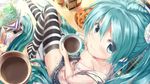  aqua_eyes aqua_hair breasts cleavage coffee cup daidou_(demitasse) downblouse from_above hatsune_miku highres long_hair looking_at_viewer nail_polish small_breasts smile solo striped striped_legwear thighhighs twintails very_long_hair vocaloid 