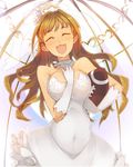  :3 bare_shoulders breasts brown_hair closed_eyes covered_navel dress elbow_gloves football football_(object) gloves highres hino_akane_(idolmaster) idolmaster idolmaster_cinderella_girls kusanagi_kaoru large_breasts long_hair open_mouth smile solo wedding_dress 