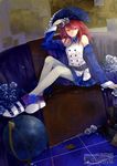  cul flower hat highres long_hair looking_at_viewer no.18 pantyhose petals red_eyes red_hair rose shoes sitting smile solo vocaloid white_legwear 