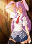  animal_ears black_legwear bra bug_(artist) bunny_ears highres long_hair necktie purple_hair red_eyes red_neckwear reisen_udongein_inaba see-through shirt skirt smile solo thighhighs touhou underwear wet wet_clothes 