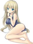  ass bare_legs bare_shoulders barefoot blonde_hair blue_eyes breasts large_breasts long_hair lying on_side one-piece_swimsuit original pointy_ears school_swimsuit sketch solo swimsuit thighs tsukumiya_amane 