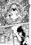  armpits book bow broom broom_riding comic crescent danmaku detached_sleeves dress gohei greyscale hair_bow hakurei_reimu hat katoryu_gotoku kirisame_marisa magic_circle monochrome multiple_girls patchouli_knowledge touhou translated witch_hat 