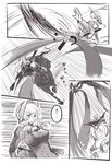  battle bonnet candeloro comic die_(die0118) drill_hair fiery_hair greyscale horse mahou_shoujo_madoka_magica monochrome multiple_girls ophelia_(madoka_magica) personification polearm ponytail ribbon sakura_kyouko spear spoilers tomoe_mami translated twin_drills twintails weapon 