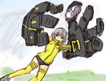  ball black_rock_shooter brown_eyes buruma colorized goalkeeper jacket panties_(pantsu-pirate) playing_sports short_hair silver_hair soccer_ball solo sport strength_(black_rock_shooter) thighhighs track_jacket yellow_legwear 