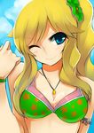  bikini blonde_hair blue_eyes blush hair_ornament idolmaster idolmaster_cinderella_girls jewelry long_hair necklace one_eye_closed ootsuki_yui sawamura_hikaru side_ponytail smile solo swimsuit 