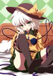  bed black_legwear blush buttons checkered checkered_background eyeball feet green_eyes hand_on_own_knee hat hat_ribbon highres isa komeiji_koishi on_bed open_mouth ribbon short_hair silver_hair sitting skirt solo thighhighs third_eye touhou 