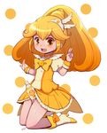  blonde_hair bottle bow choker cure_peace hair_flaps highres kise_yayoi kneeling kty_(04) long_hair magical_girl orange_choker ponytail precure sexually_suggestive skirt smile_precure! solo tears tiara yellow yellow_bow yellow_eyes yellow_skirt 