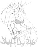  bikini_top black_rock_shooter black_rock_shooter_(character) breasts bursting_breasts choker cleavage commentary english_commentary eu03 gloves greyscale huge_breasts long_hair monochrome navel sketch solo twintails 