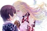  1girl blonde_hair breasts brown_hair cleavage copyright_name couple feathers gloves hetero jude_mathis kai_aki long_hair medium_breasts milla_maxwell pink_eyes red_eyes tales_of_(series) tales_of_xillia 