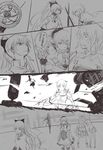  akemi_homura battle beret candeloro candeloro's_familiars cape comic detached_sleeves die_(die0118) drill_hair flashback greyscale gun hair_ribbon hat kaname_madoka long_hair magical_girl magical_musket mahou_shoujo_madoka_magica miki_sayaka monochrome multiple_girls one_eye_closed personification polearm ponytail ribbon sakura_kyouko school_uniform shield short_hair short_twintails spear spoilers sword thighhighs tomoe_mami translated twin_drills twintails weapon zettai_ryouiki 