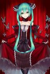  2d absurdres aqua_hair bad_revision bare_shoulders black_legwear bow bug butterfly choker crossed_legs downscaled_revision dress flat_chest flower green_eyes hatsune_miku highres insect long_hair looking_at_viewer md5_mismatch pantyhose rose skirt_hold smile solo standing twintails very_long_hair vocaloid 