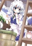  apron basket blue_eyes braid cup finger_to_mouth ishimori_sakana izayoi_sakuya maid_headdress plate short_hair silver_hair smile solo teacup teapot touhou twin_braids waist_apron wrist_cuffs 