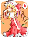  1girl ascot blonde_hair blush crystal finger_to_face flandre_scarlet frills hat hat_ribbon heart highres red_eyes ribbon short_hair short_sleeves side_ponytail smile solo spoken_heart touhou warabi_mochi_(ehimedaisuki) wings 