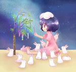  animal_ears black_hair blush brown_hair bunny dress inaba_tewi open_mouth red_eyes short_hair sitting smile solo tail tanabata tanzaku tona_(nekotte) too_many too_many_bunnies touhou tree 