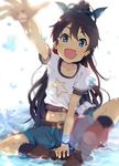  arm_up bad_id bad_pixiv_id belt black_hair blue_eyes boots bracelet fang ganaha_hibiki hair_ribbon idolmaster idolmaster_(classic) indian_style jewelry long_hair midriff navel ogipote open_mouth outstretched_arm outstretched_hand ponytail ribbon shirt shorts sitting smile solo splashing water 