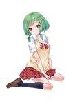  bow full_body green_eyes green_hair gumi hair_bow kneehighs loafers looking_at_viewer school_uniform shoes short_hair sidelocks simple_background skirt socks solo sweater_vest vocaloid yayoi_(egoistic_realism) 
