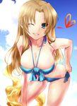  bad_id bad_pixiv_id bandeau bare_shoulders bent_over bikini blonde_hair blue_eyes breasts cleavage front-tie_top grin highres idolmaster idolmaster_cinderella_girls large_breasts long_hair looking_at_viewer matsumoto_sarina one_eye_closed paopao parted_lips shiny shiny_skin side-tie_bikini skindentation smile solo swimsuit 