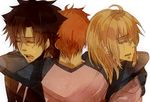  2boys ahoge artoria_pendragon_(all) black_hair blonde_hair caballo closed_eyes emiya_kiritsugu emiya_shirou fate/stay_night fate/zero fate_(series) father_and_son hug multiple_boys orange_hair raglan_sleeves saber tears time_paradox 