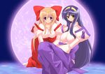  bad_id bad_pixiv_id blonde_hair blue_hair bow full_moon hair_bow hairband hakama himemiya_chikane japanese_clothes kannazuki_no_miko kinonono12 kurusugawa_himeko long_hair miko moon multiple_girls purple_hakama sitting wide_sleeves yellow_hairband 