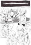  candeloro collarbone comic die_(die0118) fiery_hair fire greyscale hair_down hair_ribbon hand_on_another's_face injury mahou_shoujo_madoka_magica monochrome multiple_girls ophelia_(madoka_magica) personification ponytail ribbon sakura_kyouko spoilers tomoe_mami translated 