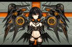  bare_shoulders black_hair black_legwear breasts chain gia highres horns letterboxed mecha_musume navel original red_eyes short_hair skull small_breasts solo thighhighs 
