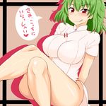  breasts china_dress chinese_clothes come_hither curvy dress green_hair impossible_clothes kazami_yuuka large_breasts legs naughty_face red_eyes solo sugamo thighs tongue touhou translated 