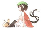  animal_ears cat cat_ears cat_tail chen closed_eyes commentary happy hat licking multiple_tails nakashino_setsu open_mouth shore smile socks solo squatting tail touhou white_background white_legwear 