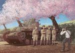  bag camera caterpillar_tracks cherry_blossoms earasensha glasses gloves goggles ground_vehicle helmet imperial_japanese_army male_focus messenger_bag military military_uniform military_vehicle motor_vehicle multiple_boys original shoulder_bag smile tank tree type_97_chi-ha uniform world_war_ii 