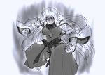  aura bare_shoulders barefoot black_hair blood blood_on_face bloody_tears breasts clenched_hands detached_sleeves fighting_stance hakama japanese_clothes large_breasts long_hair m.u.g.e.n monochrome nontraditional_miko original powering_up scar sendai_hakurei_no_miko solo touhou veins wide_sleeves yagami_(mukage) 