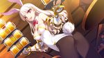  alcohol animal_ears ass bare_shoulders beer beer_mug black_legwear blonde_hair breasts bunny_ears bunny_girl bunny_tail bunnysuit cleavage detached_collar dutch_angle eiyuu_senki faceless faceless_male fingerless_gloves game_cg gauntlets gloves large_breasts long_hair looking_back ooyari_ashito open_mouth pantyhose pink_eyes sir_percival_(eiyuu_senki) smile solo_focus stacking tail tray twisted_torso waitress white_hair 