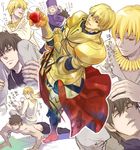  3boys alcohol armor bad_id bad_pixiv_id carrying emiya_kiritsugu exercise fate/zero fate_(series) gilgamesh ikuyanyan illyasviel_von_einzbern jewelry kotomine_kirei multiple_boys necklace push-ups shoulder_carry wine 