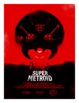  arm_cannon armor bubble copyright_name fangs ian_wilding looking_at_viewer metroid metroid_(creature) monochrome monster mother_brain movie_poster parody poster power_suit red red_background samus_aran spikes standing super_metroid visor weapon 
