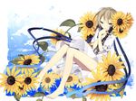  barefoot blue_eyes brown_hair clarinet dress flower hijiri_(resetter) instrument long_legs object_hug original ribbon short_hair solo sunflower white_dress 