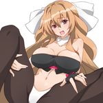  aoi_kimi blush breasts brown_eyes brown_hair cleavage fingerless_gloves gloves highres kyoukaisenjou_no_horizon large_breasts long_hair navel open_mouth pantyhose smile solo spread_legs touryou very_long_hair 