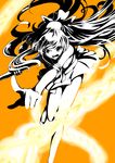  aino_minako bare_legs bishoujo_senshi_sailor_moon bow full_body gloves hair_bow half_updo highres long_hair magical_girl monochrome open_mouth orange_(color) orange_background raion. sailor_senshi_uniform sailor_venus serious shoes skirt solo venus_love_me_chain 