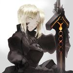  armor armored_dress artoria_pendragon_(all) bad_id bad_pixiv_id belt black_armor blonde_hair breastplate chacall dark_excalibur dress fate/stay_night fate_(series) gauntlets holding parted_lips puffy_sleeves saber_alter simple_background solo sword weapon yellow_eyes 