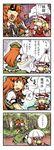 /\/\/\ 2girls 4koma ascot blonde_hair bow braid comic flandre_scarlet flying_sweatdrops gem hair_bow hat highres hong_meiling multiple_girls orange_hair parasol red_eyes shaded_face side_ponytail star surprised sweatdrop text_in_mouth touhou translated tree twin_braids umbrella wings yagimiwa 