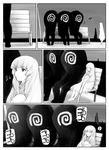  abubu barefoot bench closed_eyes comic greyscale hime_cut long_hair monochrome musical_note open_mouth original sitting smile 